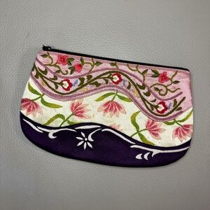 Embroidered Silk Makeup Bag – Purple & Pink Floral (8"x5")